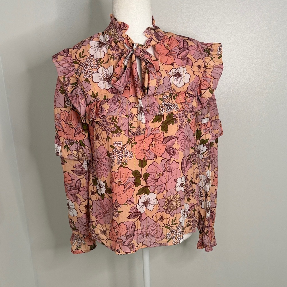 Floral Ruffle Tie-Neck Blouse